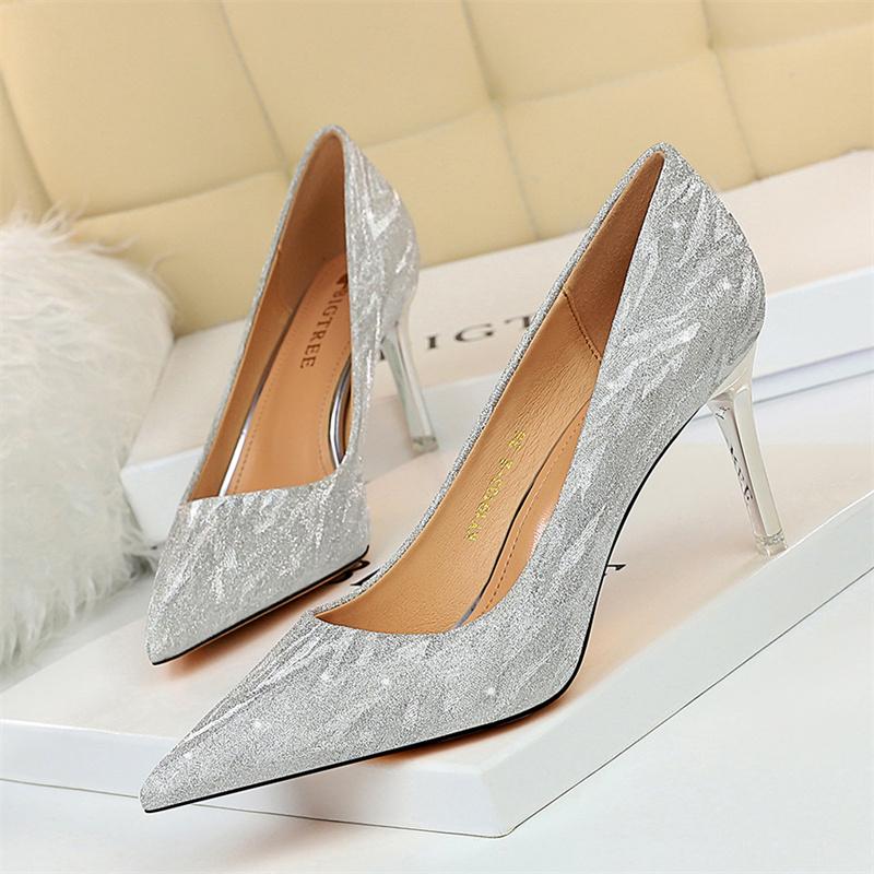 

Fashion 2024 Fashion Comfort Wedding Single Shoes Shallow Mouth Thin High Heel Woman Pumps Pointed Toe Elegant Sequins Sandals 35