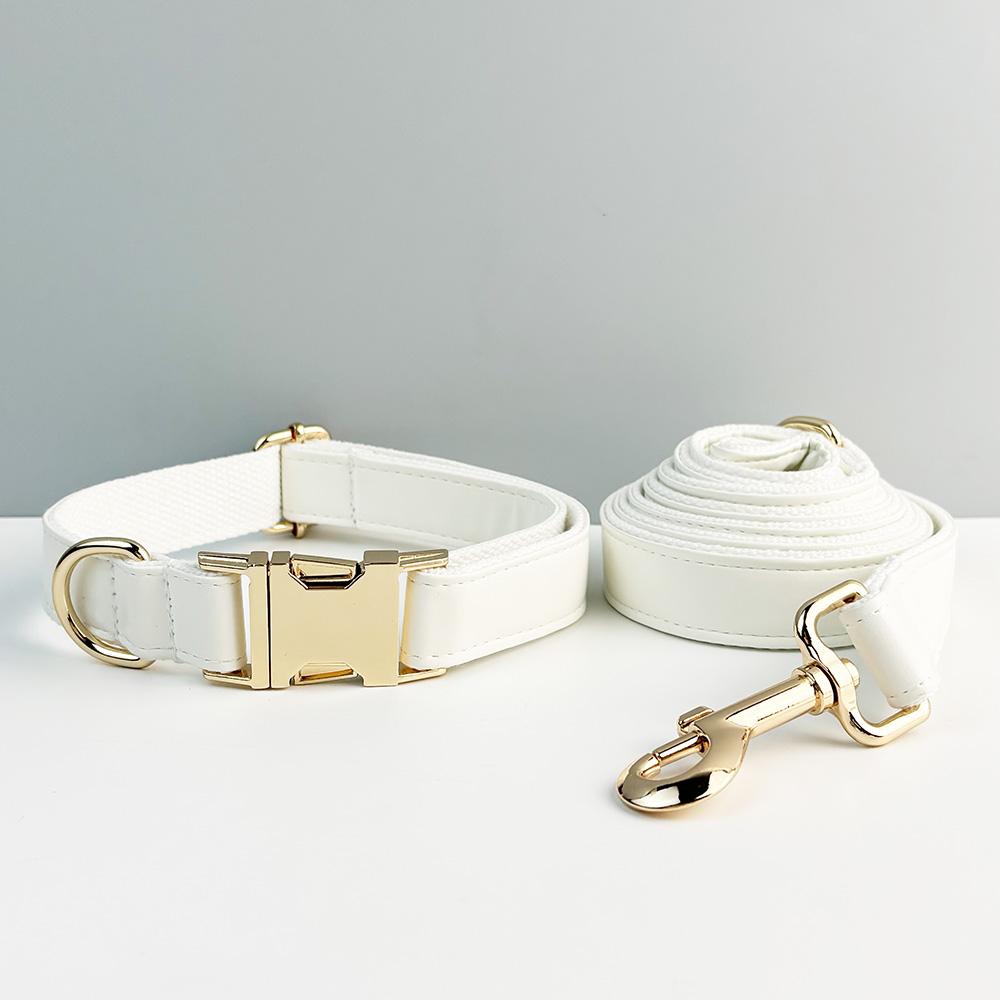 White Leather Dog Collar And Leash Set For Dogs Custom Engraved Nameplate Pet Supplies Dog Leash PU01