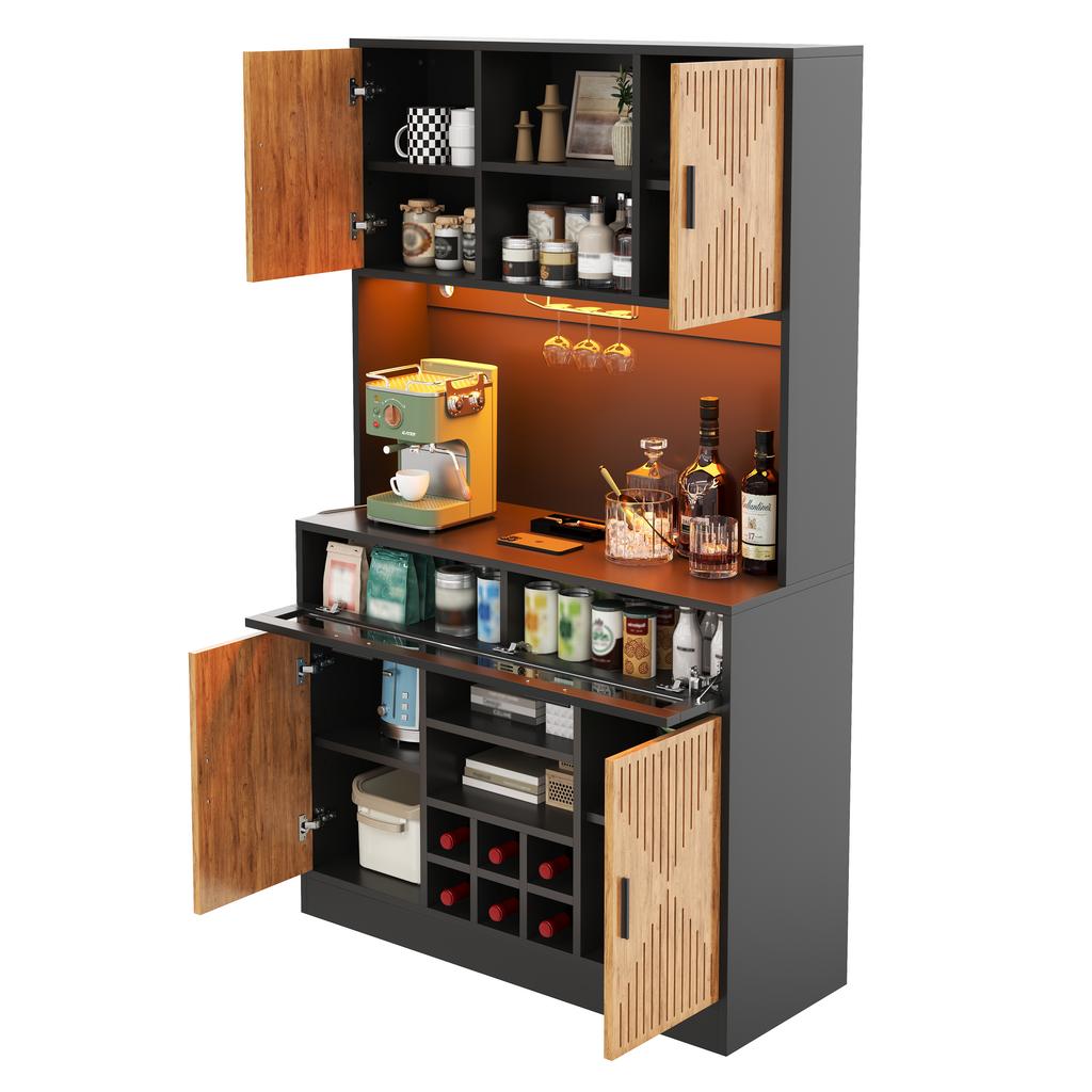Küchenschrank, Hoher Vorratsschrank mit LED-Beleuchtung und Steckdosen, Glas-Klapptür, Glasablage und herausnehmbarer Weinregal, 105 × 40 × 180 cm