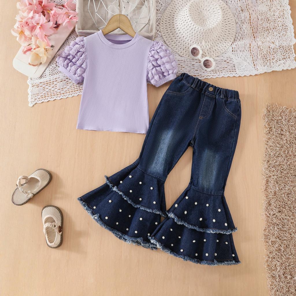 Mädchen Puffärmel T-Shirt + Perlenbesetzte Denim Schlaghose Zweiteiler