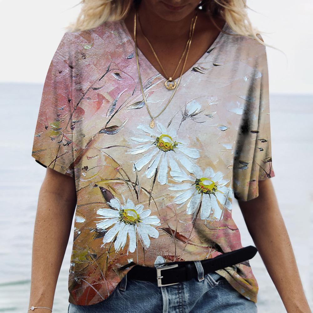 Summer V-neck 3D Flower Butterfly Printed Top Fashionable Casual Short Sleeved Women's T-shirts