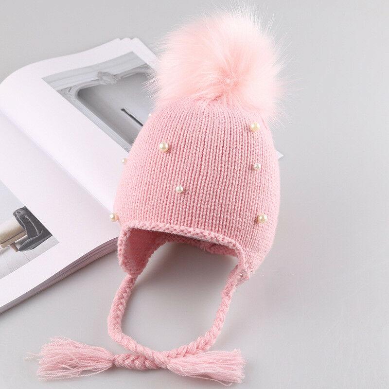 Winter Warm Newborn Infant Kids Hats Baby Girls Hats Hair Ball Earbud Pearl Crochet Hats Boys Warm Knit Caps For Girls Hats