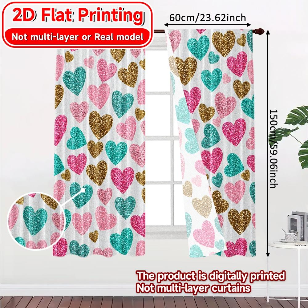 2D Flat Printing  2pcs Heart Delight Chic Curtains Polyester Easy Install Curtains Decorations for Translucent Curtains Privacy
