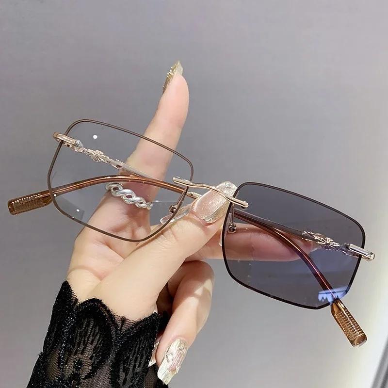Retro Frameless Photochromic Women'S Myopia Glasses Fashionable And Luxurious Anti Blue Light Myopia Sunscreen Glasses