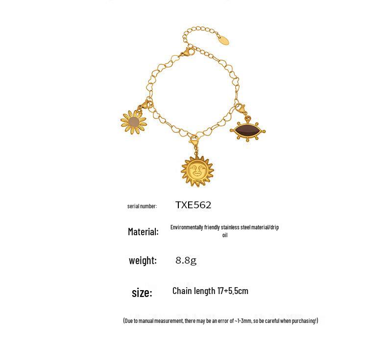 Geometric Heart Zirconia Necklace & Sun Enamel Pendant Bracelet Set for Women