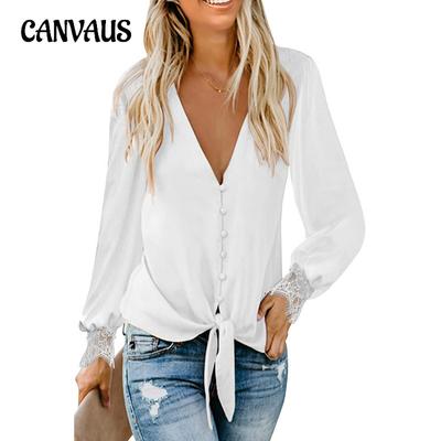Spring and Autumn Women's Shirt Lace Splicing Long Sleeve V-Neck Solid Colour Hem Tie Loose Top
