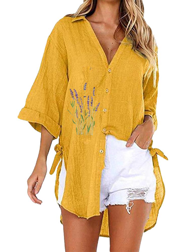 

Women Fashion Half Sleeve Floral Print Top Ladies Casual V-neck Blouse Loose Long T-shirt 5XL жёлтый