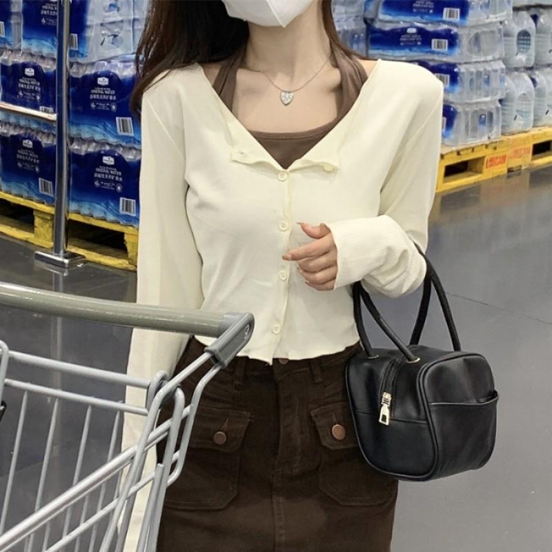 Womens 2-Piece Set Long Sleeve Slim Fit Cardigan Halter Tank Top Fall Casual Outfits