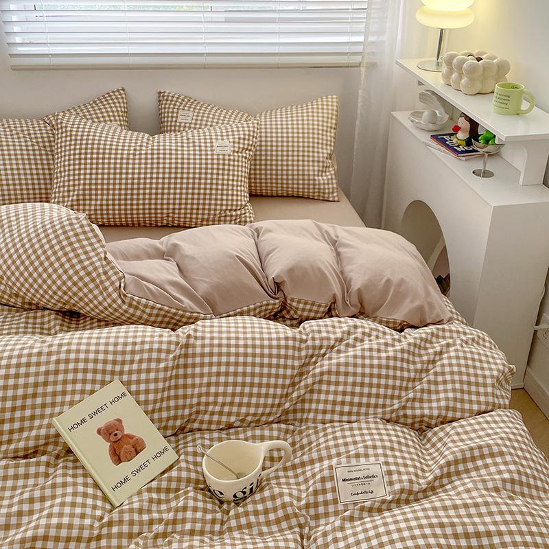 Simple Pure Cotton Four-piece Set Plaid Pure Cotton Bed Sheet Quilt Cover Bed Sheet Type Pure Cotton Dormitory Three-piece Set