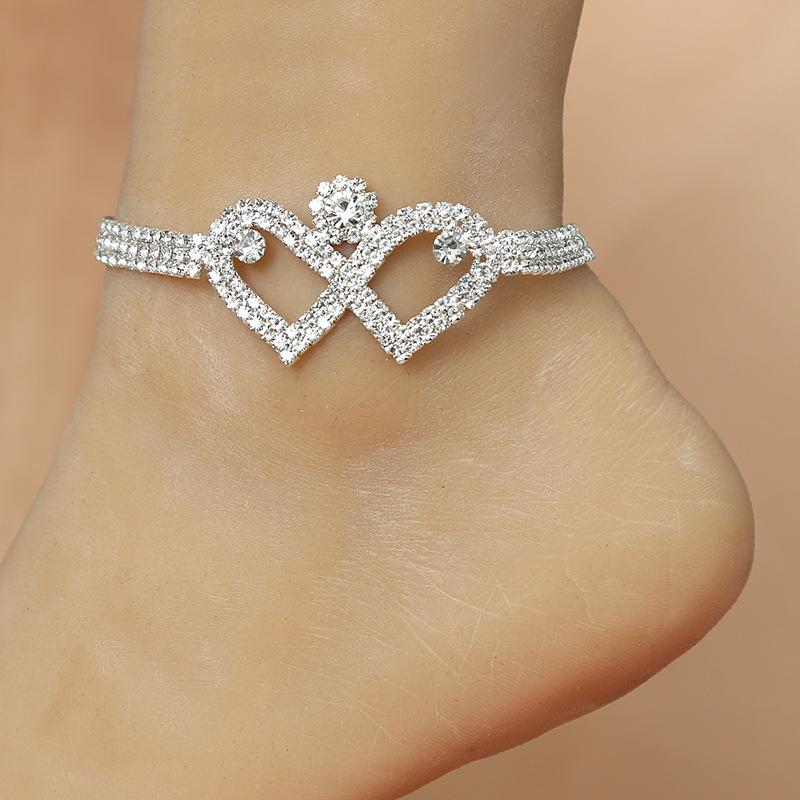 Fashion Silver Color Zirconia Anklet Double Heart Personalized Sparkling Women's Birthday Party Jewelry Accessories Gifts
