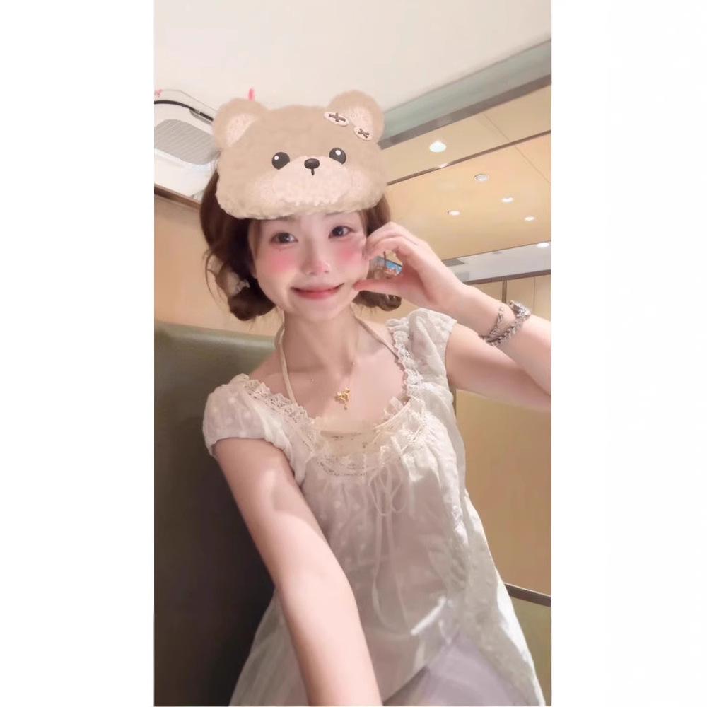 

Women s White Polka Dot Lace-Up Bow Shirt - Summer Lace Patchwork, Waist-Cinching, Loose Fit L