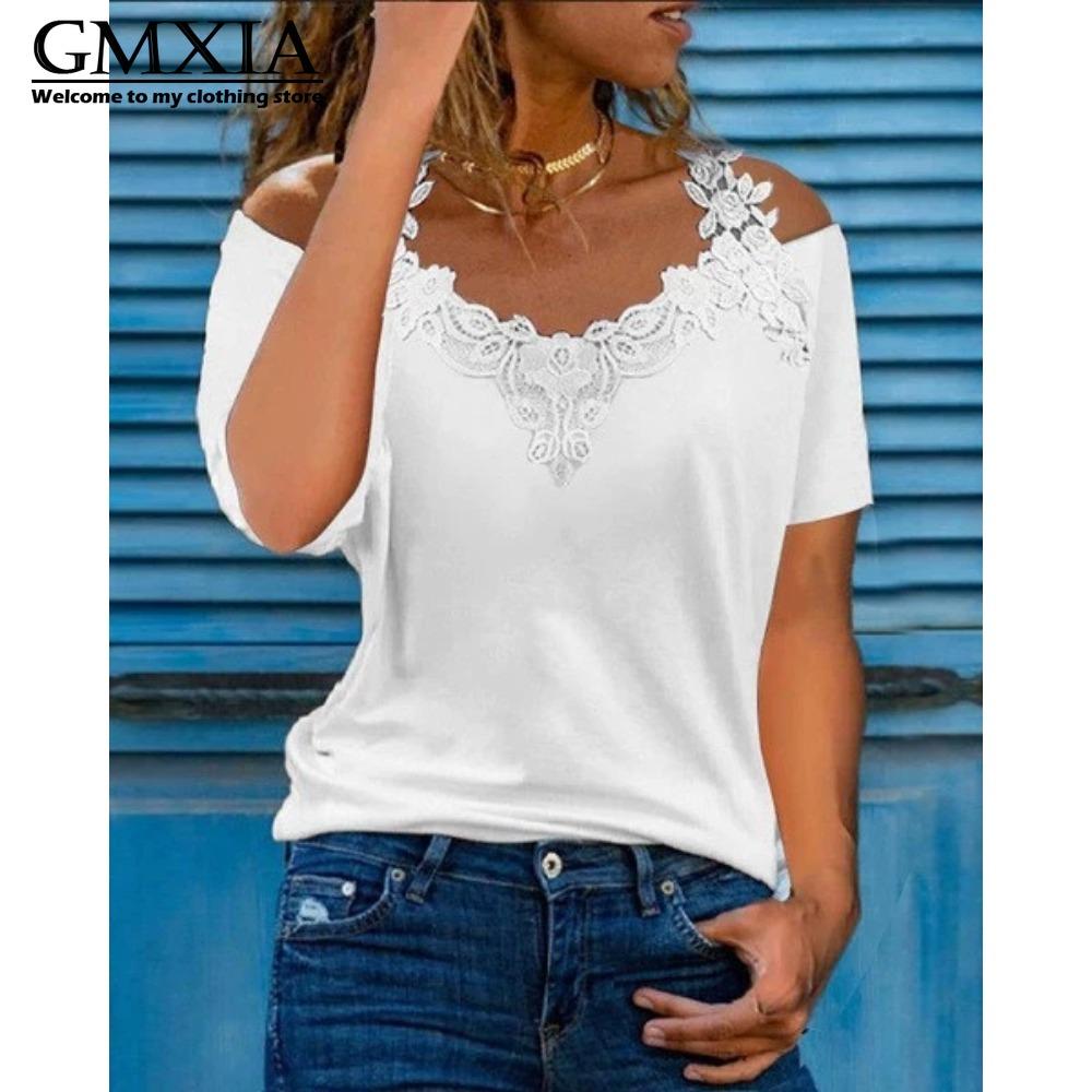 GMXIA Women's Fashion Casual Leisure Solid Color Print Short Sleeve V Neck Blouses & Shirts
