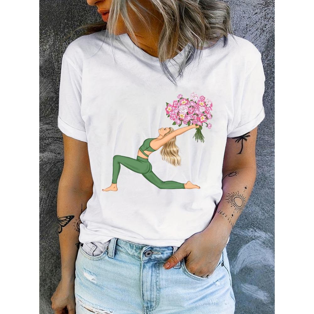 Yoga Girl French Bulldog Floral Graphic T-Shirt Fitness Lover Print Casual Crew Neck Top for Women