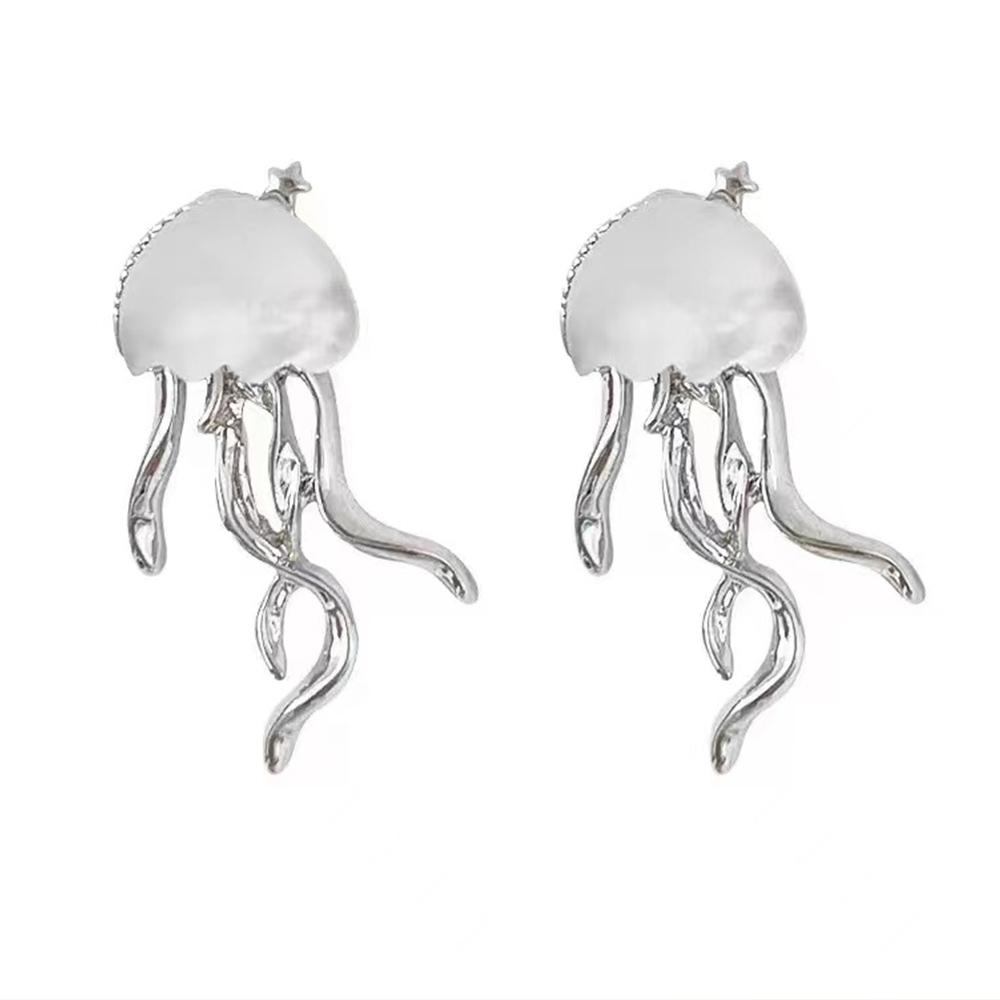 Women Floating Jellyfish Earrings Stud Silver Color Transparent Crystal Cute Deep-Sea Jellyfish Post Earrings Cute Girls Jewelry