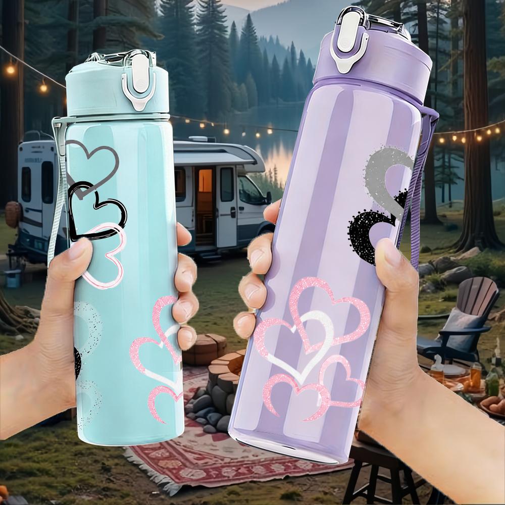 1PC Multi Outline Heart 750ml Color Plastic Sports Water Bottle Leakproof Flip Straw Lid Suitable for Sports Office Home Use