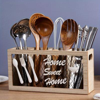 1pc Wooden Knife and Fork Storage Box, Kitchen Cutlery Storage Box, Household 4 Compartments Cutlery Storage Cage, Kitchen Storage and Storage