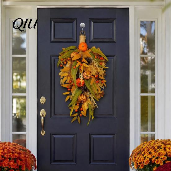 Decorative Fall Home Accessories Artificial Teardrop Swag, Faux Pumpkins Berries Pinecones Leaves Door Lifelike Pinecone Berry Garland Autumn Harvest