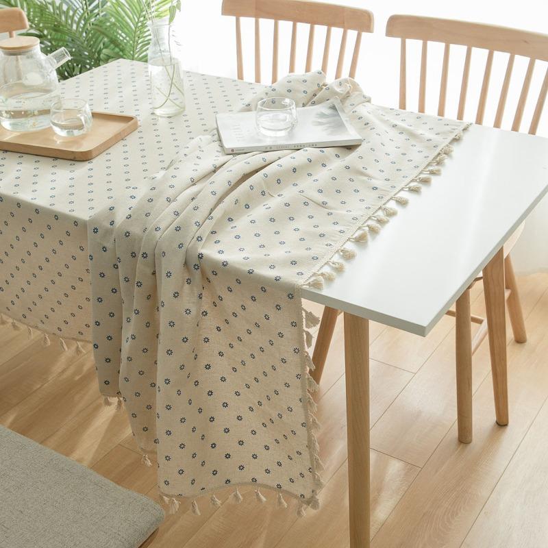 

Pastoral Rectangular Linen Cotton Cloth Tablecloth Fabric Daisy Flower Printed Home Kitchen Dining Room Table Cloths Ornament Tassel Lace Cover Cloth 90*90cm 1pcs