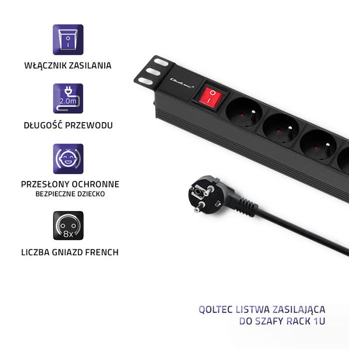 Qoltec PDU power strip for 19'' RACK | 1U | 16A | 8xSCHUKO | 2m