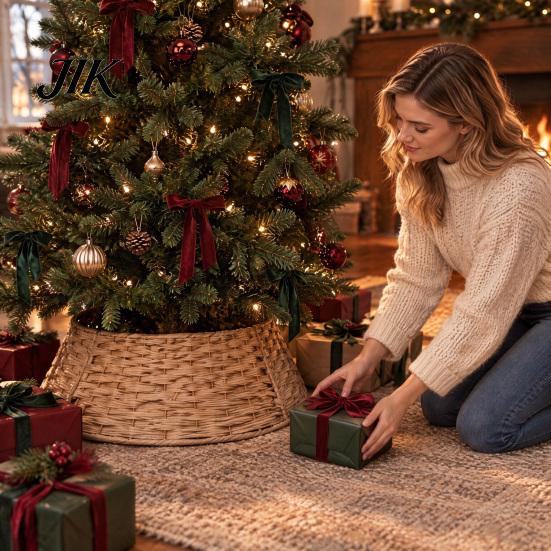 Christmas Tree Collar Handwoven Rattan Collar, Natural Brown Base Skirt, Decorative Indoor Ornament Wicker Stand Cover for Home Office Floor