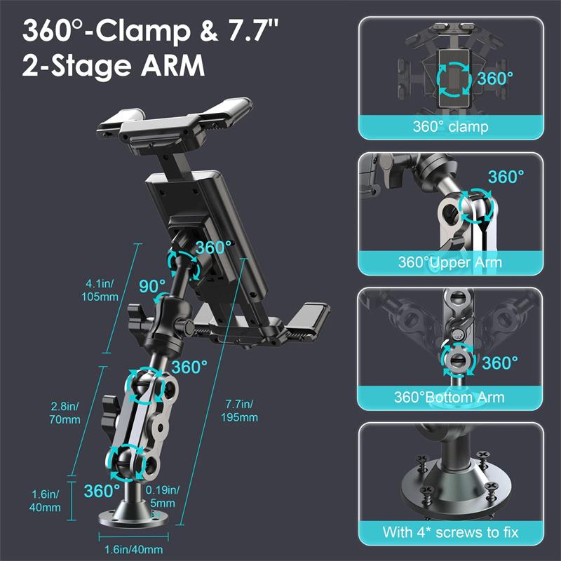 Auto Handyhalter Aluminium Schwerlast Bohrerbasis Tablet Halter Auto Halterung Armaturenbrett 360° Verstellbar 2-stufiger Ständer Für 4,7-13" Ipad
