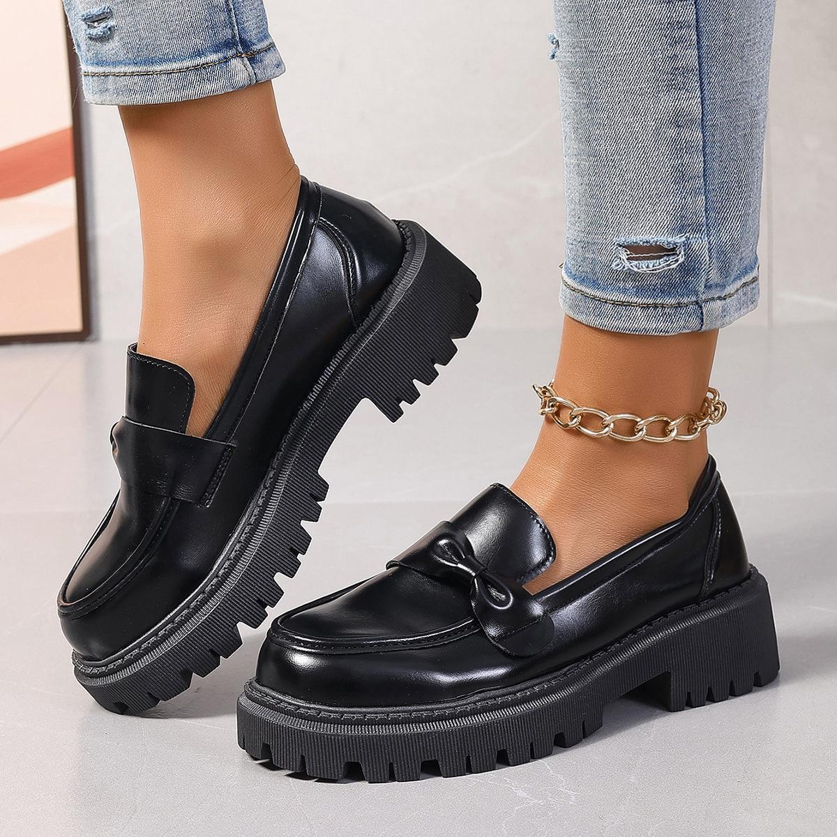 

Импортные кожаные туфли большого размера, весна 2024, новые ретро-лоферы с круглым носком, студенческие туфли на платформе с кексами, женские 36 чёрный