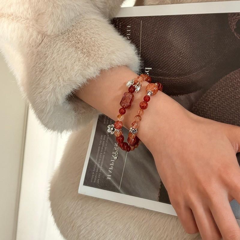 Handmade Red Agate Flower Quartz Double Wrap Bracelet Women Vintage Chinese Style Fashion Jewelry