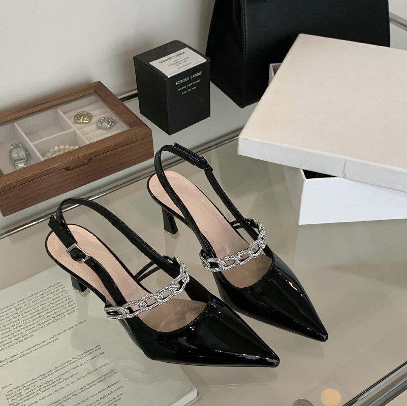 Fashion Metal Buckle Pointy Stiletto Heels Women 2025 Spring Summer Sexy Temperament Patent Leather After Trip Strap Toe Sandals Single