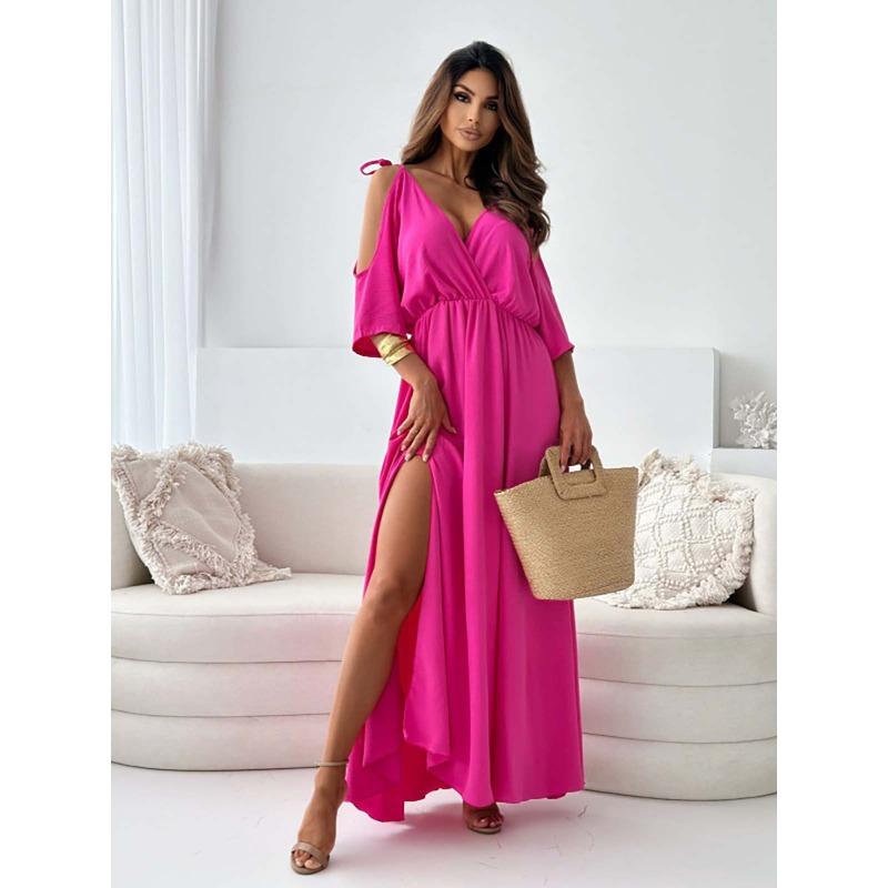 New Cross V Neck Loose Elegant Party Suspender Dress Five-quarter Sleeve Off Shoulder Lace Up Casual Split Sexy Long Dress Party Slim Women's Clothing