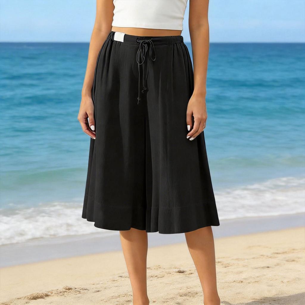 Women’s Wide Leg Culottes Drawstring Waist Loose Fit Pleated Midi Skirt Pants Soft Lightweight Fabric