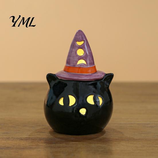Cute Halloween Room Decoration Ceramic Tealight Holder, Lighted Ghost Pumpkin Figurine with Indoor Party Atmosphere Lamp Witch Hat, Tiered Tray