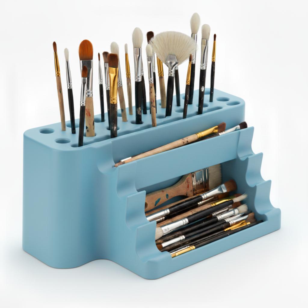 Paint brush organizer, blue stand with tray, 26 places