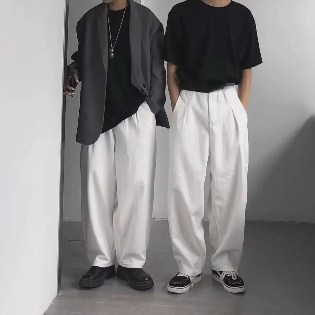 Pánské 2024 Letní Bílé Volné Rovné Džíny - Trendy Korejský Styl, Délka až na Zem, Daddy Kalhoty.