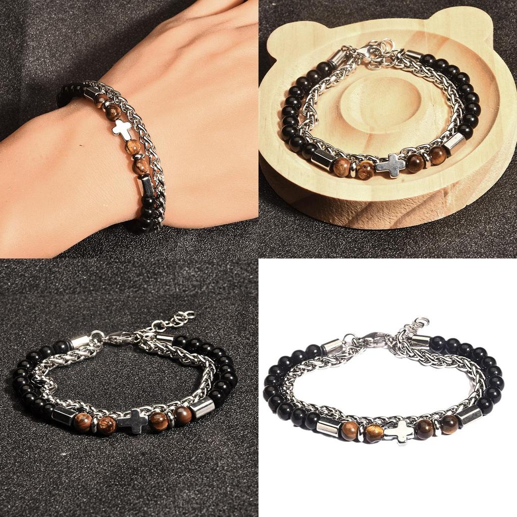 Mens Stainless Steel Beaded Bracelet With Lion Head Cross For Gift Giving