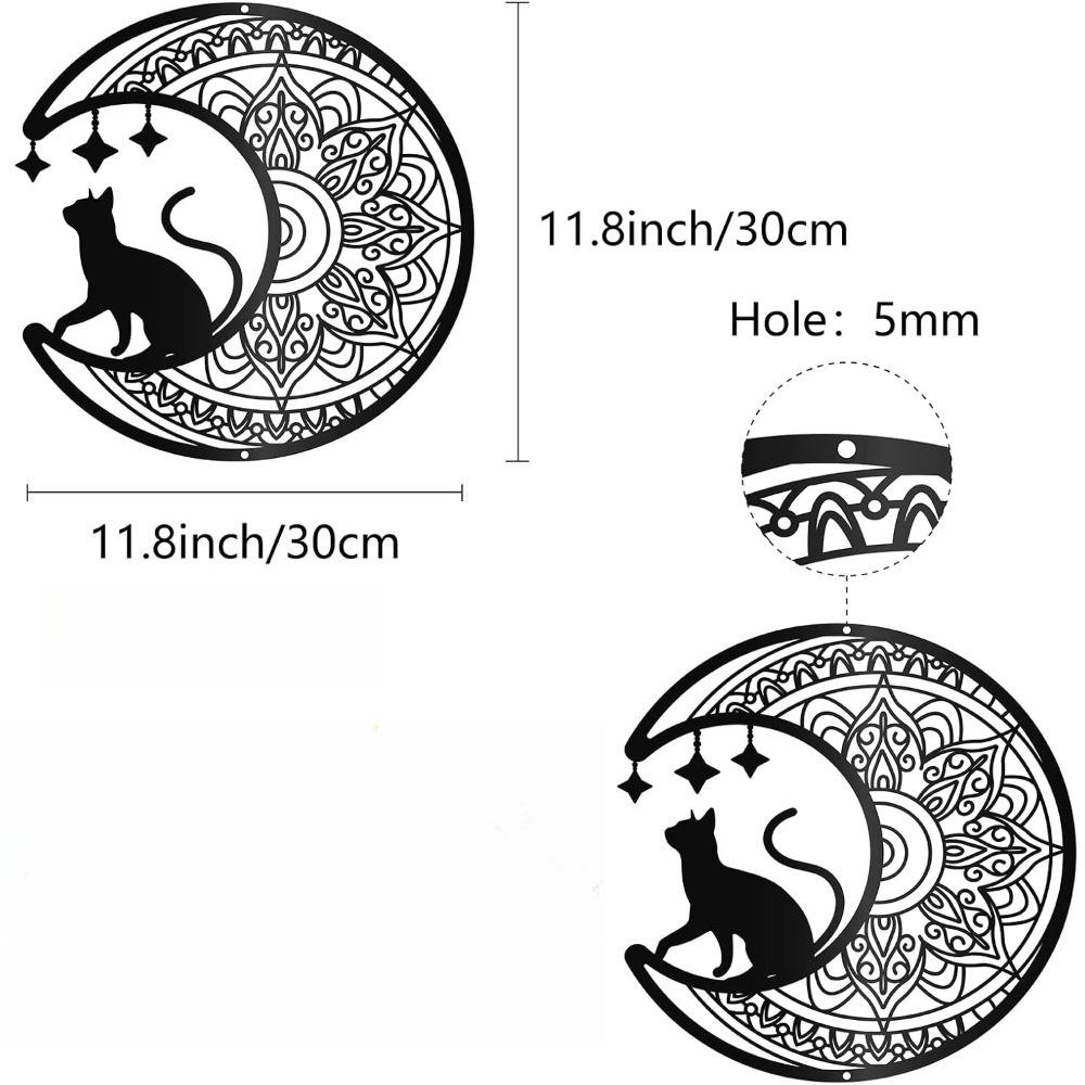 Black Metal Cat Moon Wall Art Gothic Mandala Home Decor Metal Sculpture 30cm