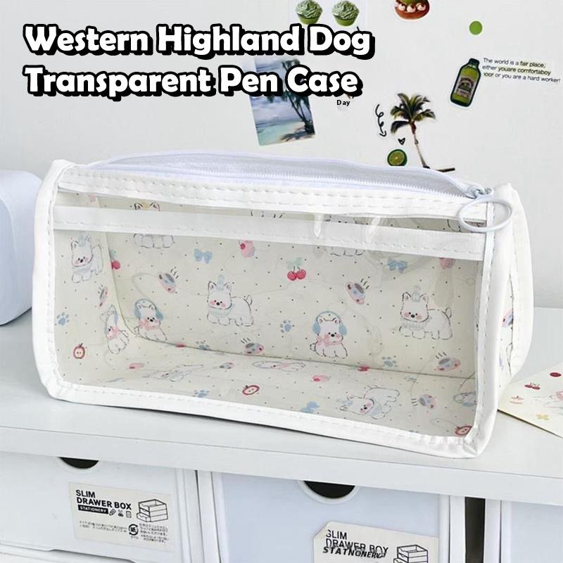 1/2 Pcs Cute West Highland Dog Transparent Pencil Case Large Capacity Portable Girl'S Makeup Bag Student Stationery Pen Bag Gift