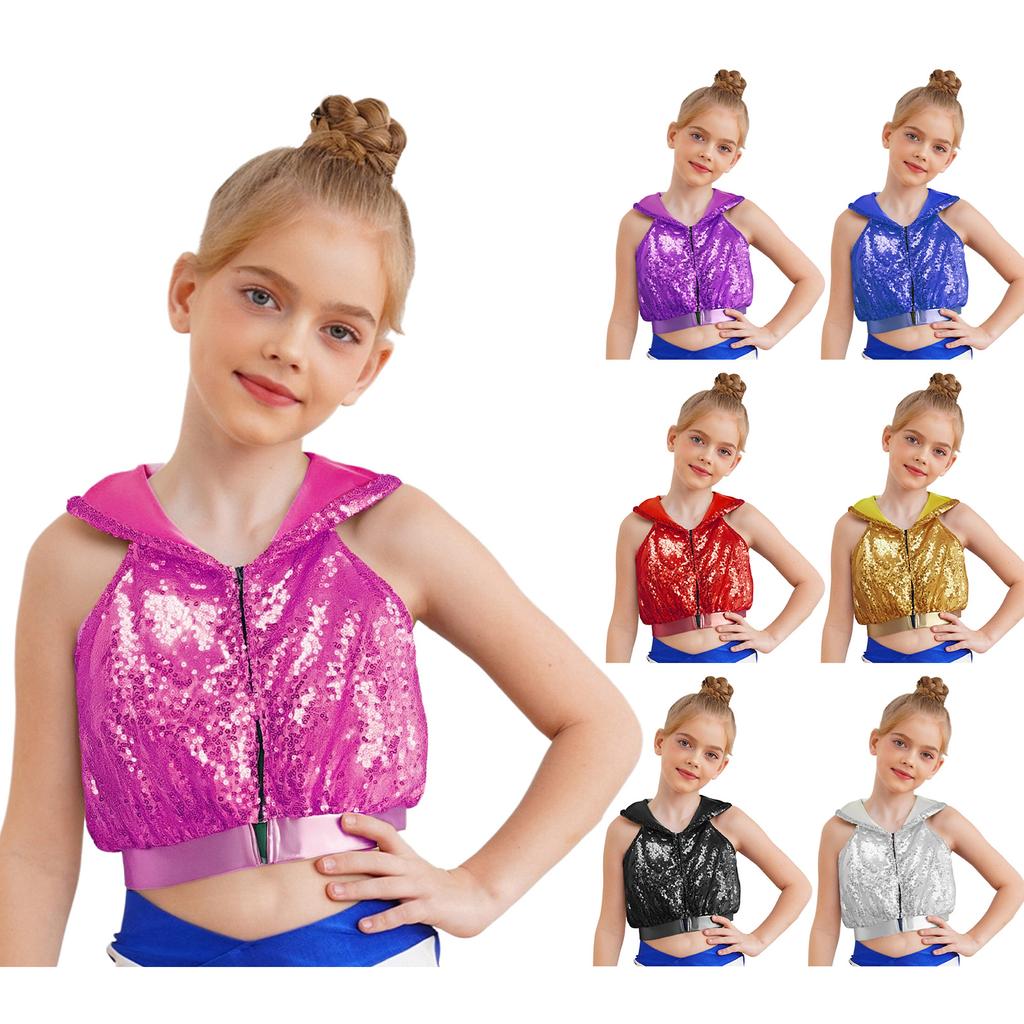 Sleeveless Backless Hooded Crop Top for Girls: Front Zipper Sparkling Sequins Dancewear for Hip-Hop Jazz Performance