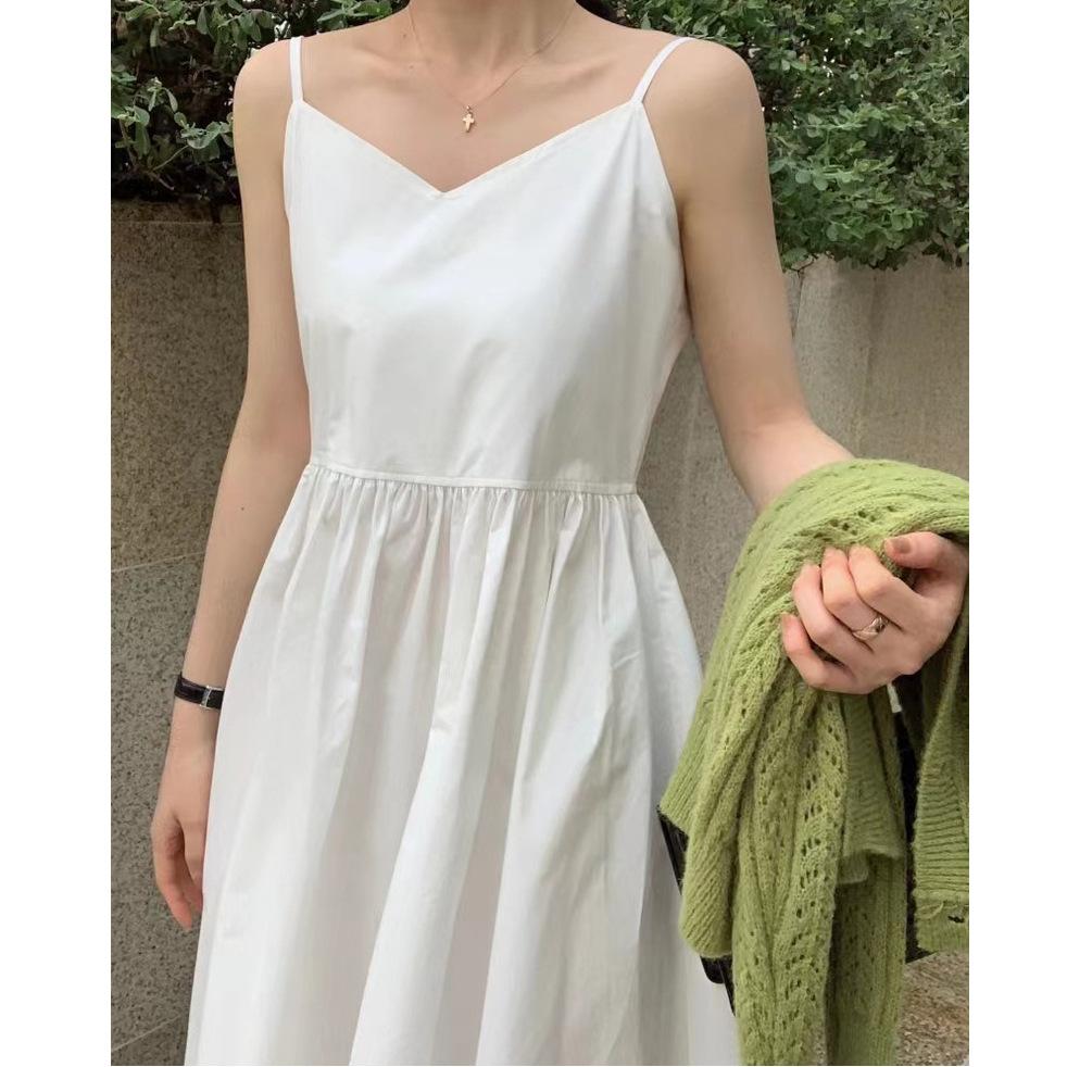 Korean Chic Summer New French Temperament V-neck Exposed Collarbone High Waist Thin Solid Color Suspender Dress Long Dress