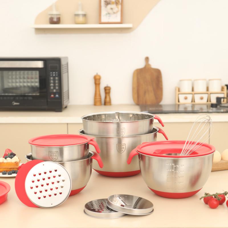 304 Stainless Steel Mixing Bowl with Silicone Base, Handle, Scale Markings, and Lid - Ideal for Eggs, Salad, Dough, and Baking.