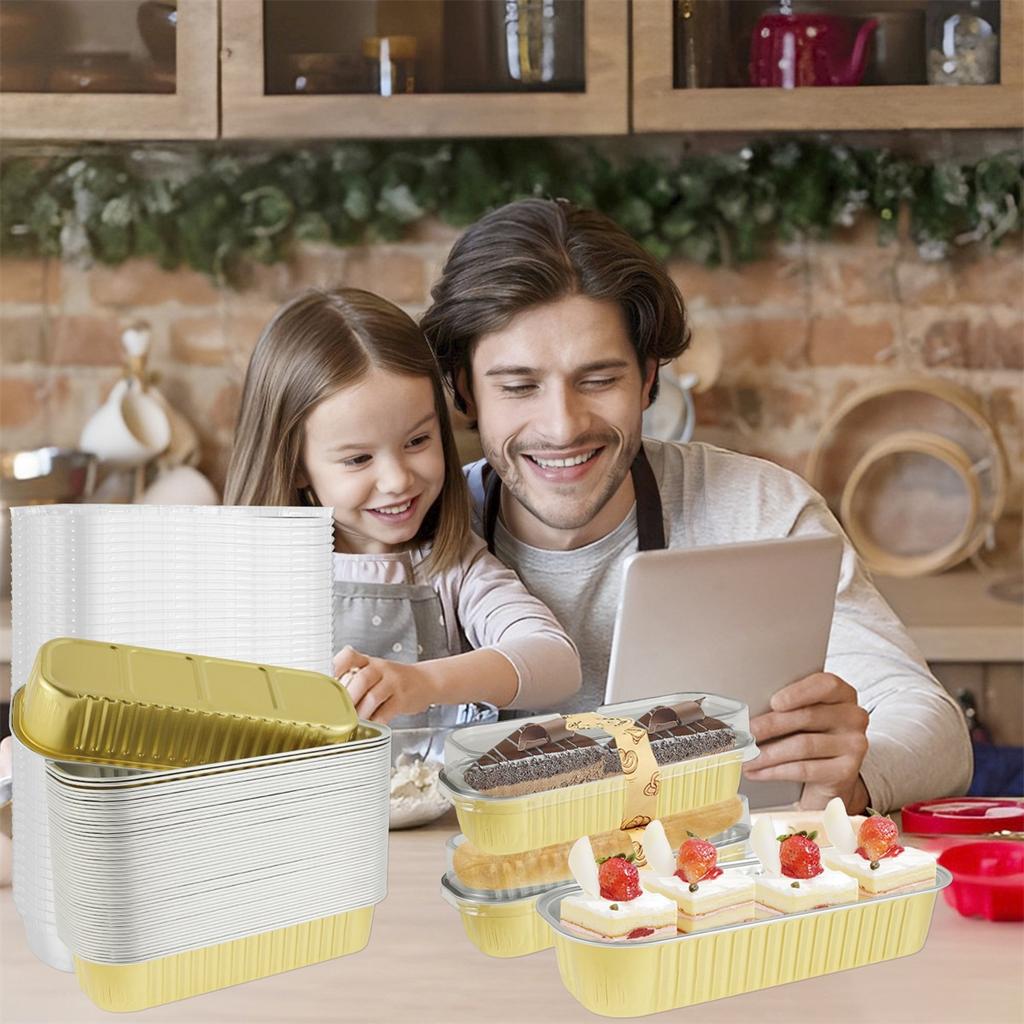 100PC Mini Loaf Pans With Lids Aluminum Foil Baking Pans Tins Containers Disposable Muffin Tins Cupcake Cups Kitchen Accessories