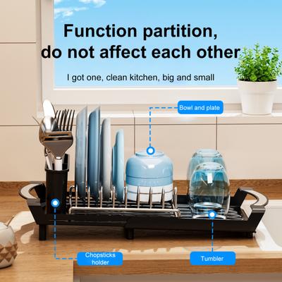 Yousheng Dish Drying Rack with Cutlery Holder Large Capacity Strong Load-bearing Countertop Extendable Dish Rack with Drain Board