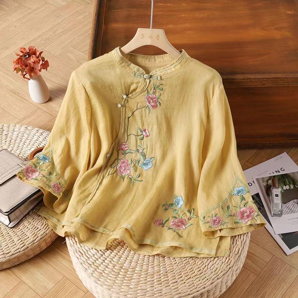 Damen S Vintage Chinesischer Stil Leinen Baumwolle 3/4 Ärmel Hemd