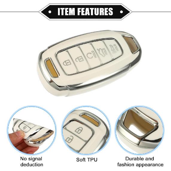 Key Fob Cover Compatible for Hyundai Elantra, 5 Buttons Silver Tone Edge Fashion Soft TPU White Remote Keyless Smart Key Fob Case Protection Shell