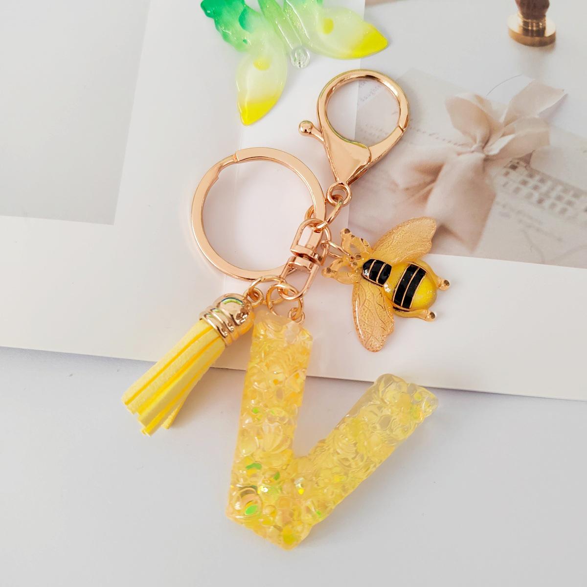 Yellow Bee Resin Glitter Letter Keychain Pendant Ornament