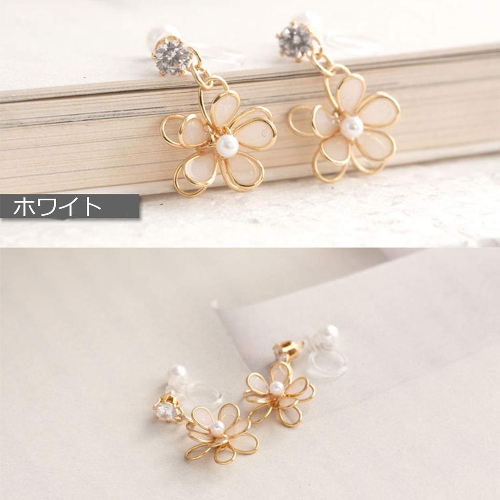 Earrings for Comes with Gift Box "Sukie" Women, Resin, Non-Pierced Earrings, Clip-on, Dangling, Flower, Japanese-Style Earrings, (White-Flower,