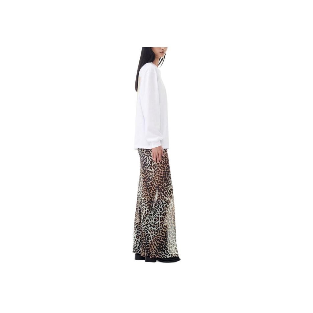Ganni Logo Print Round Neck Long Sleeve Pullover T-Shirt Women Tops White T39383649151