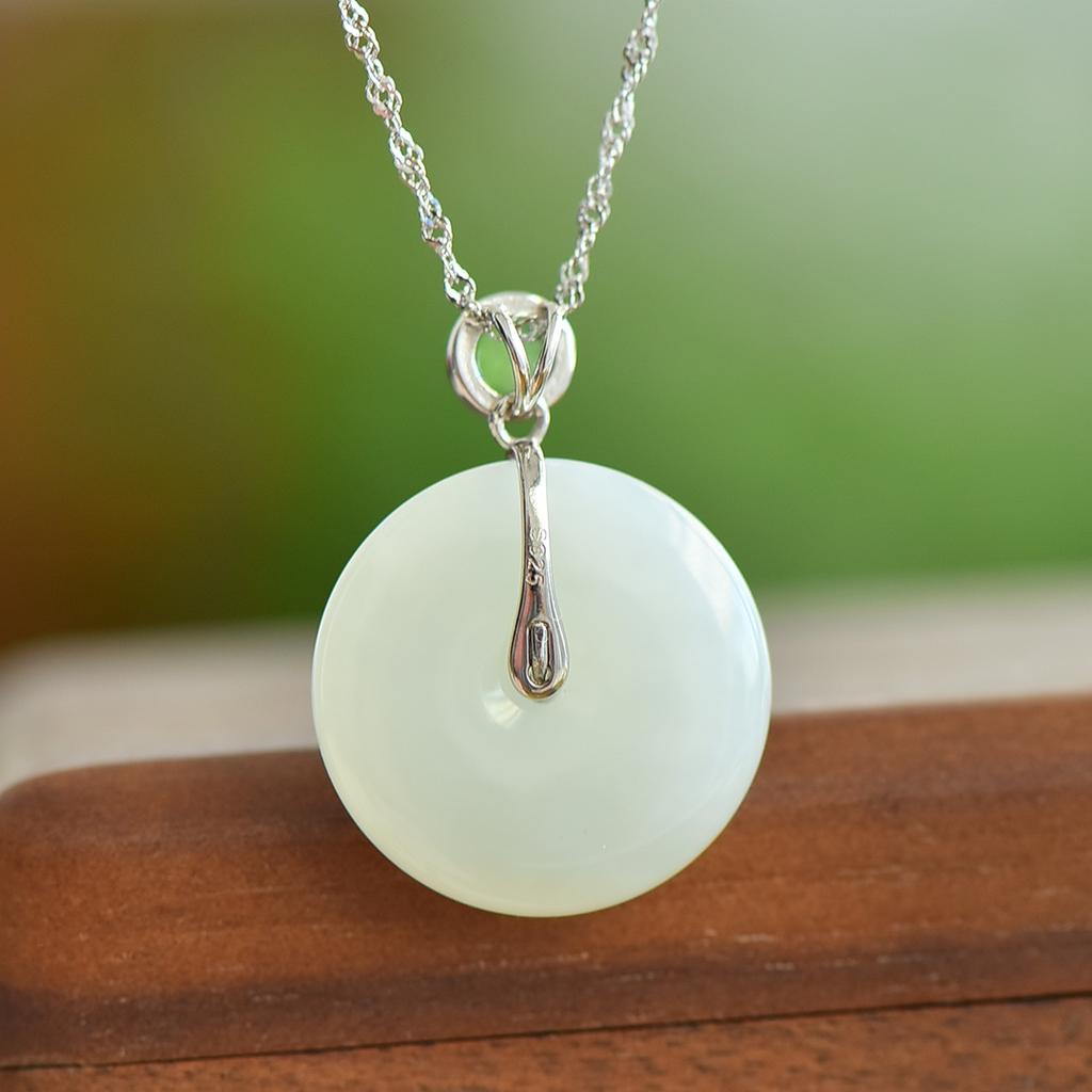 Hotan Jade S925 Silver Inlaid Safety Clasp Pendant Necklace