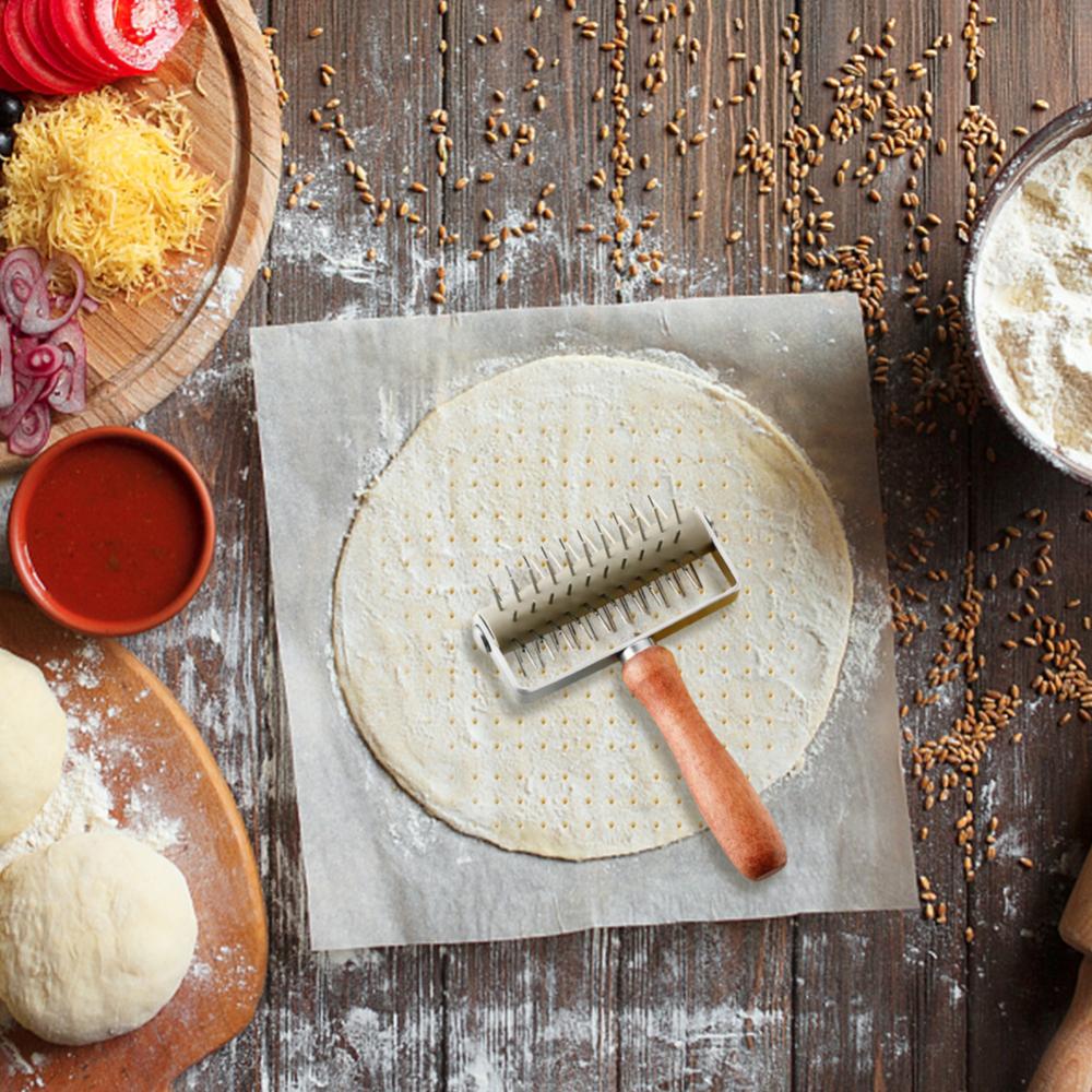 Nerezové kolečko na pizzu, chléb, jehlový váleček na těsto na koláč s dřevěnou rukojetí, pro pečení, potřeby pro výrobu