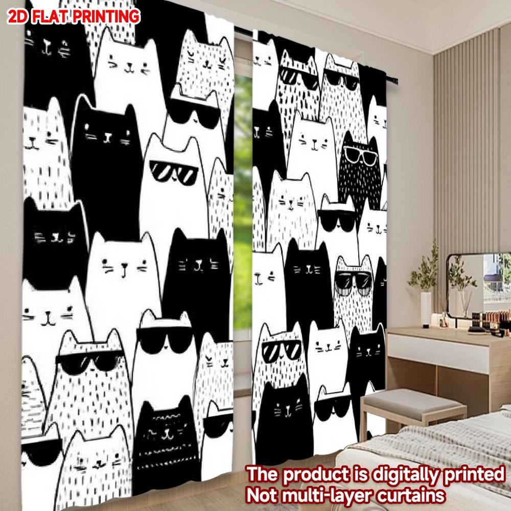 Set aus 2 flach bedruckten Happy Valentine Day Fenstergardinen Schwarz Weiß Katze Digitaldruck Polyester Festlicher Wandvorhang