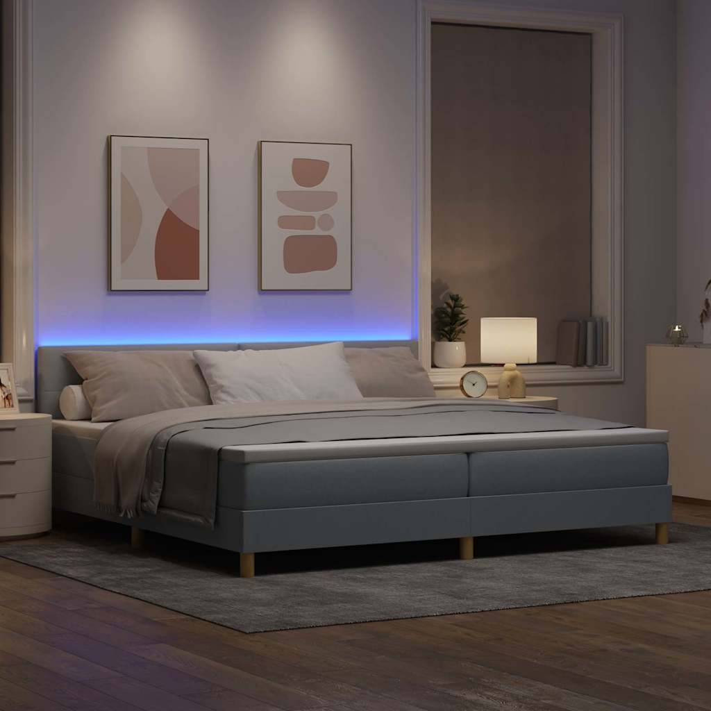 LED Boxspring Bed with Headboard Light Gray 200 x 200 cm Fabric